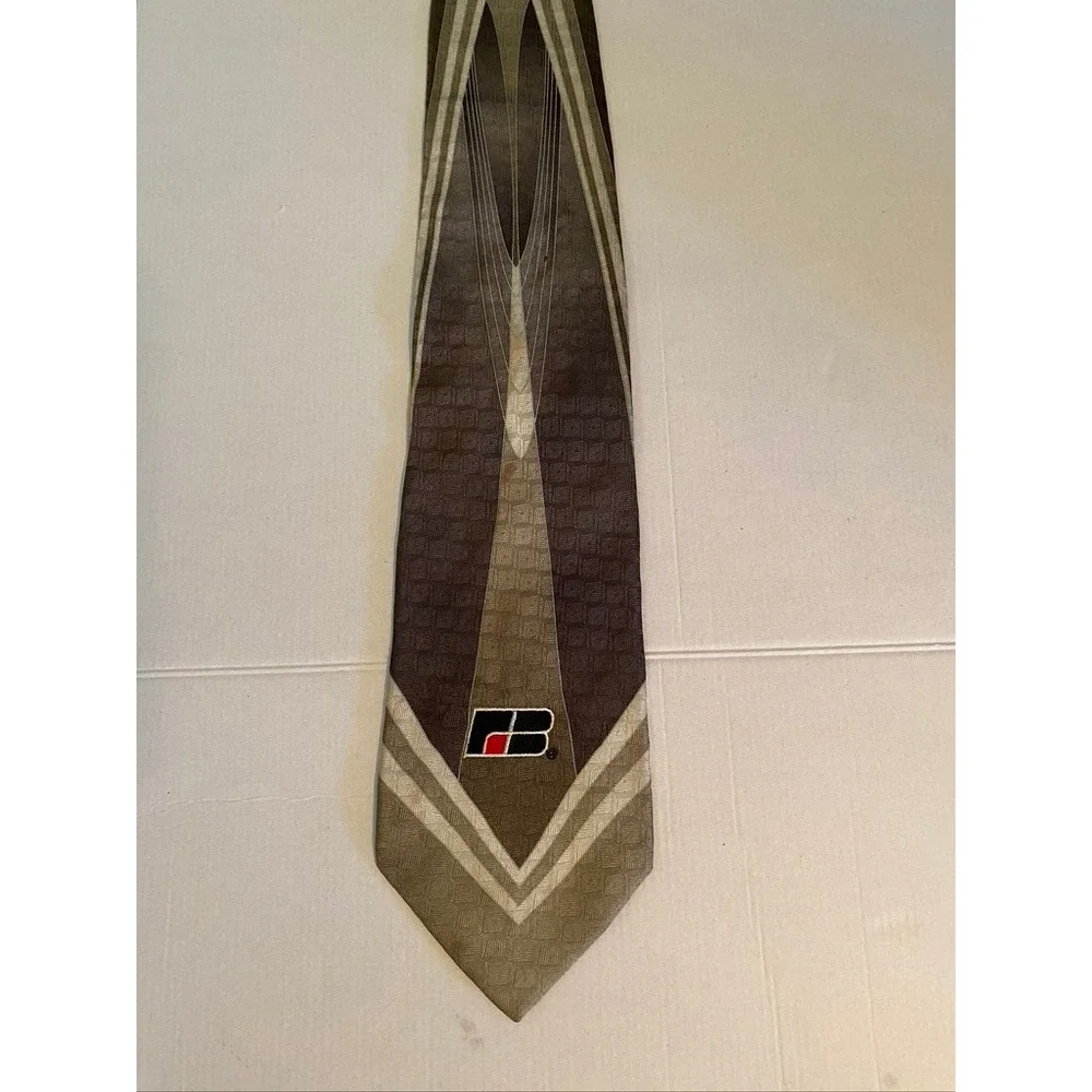 Alberto Zerra Rome New York Mens Tie Brown Geometric FB Logo Silk Blend 4 Inch